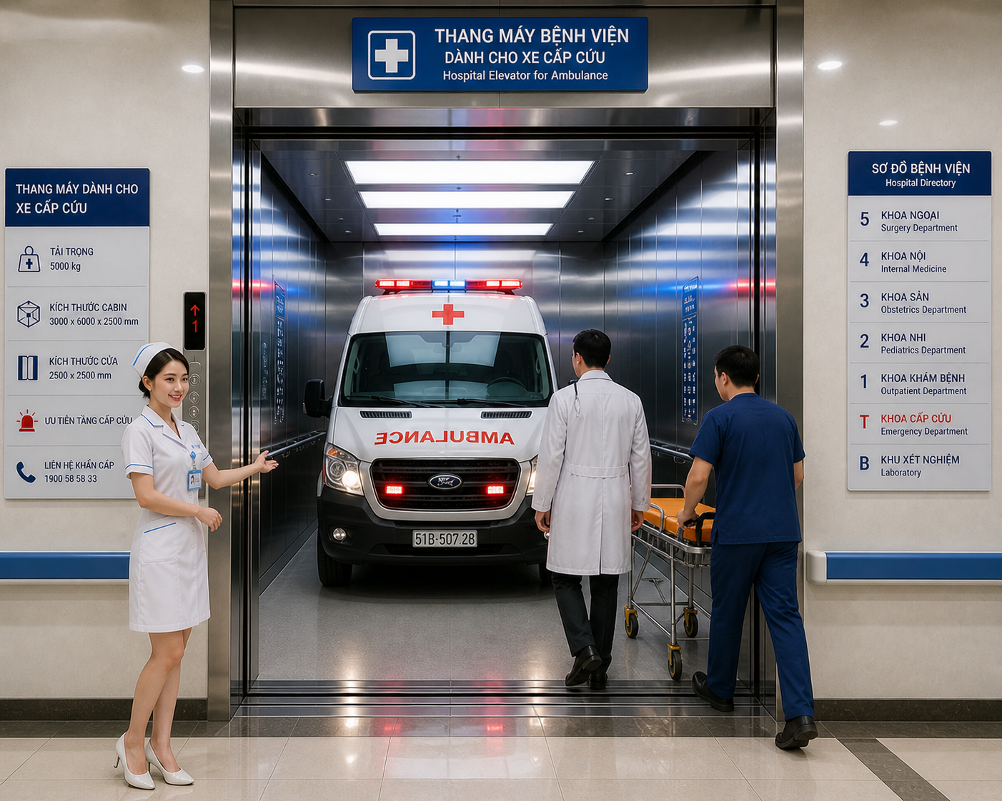 Xe cấp cứu Ford vào thang máy bệnh viện cùng bác sĩ và điều dưỡng trong khu cấp cứu